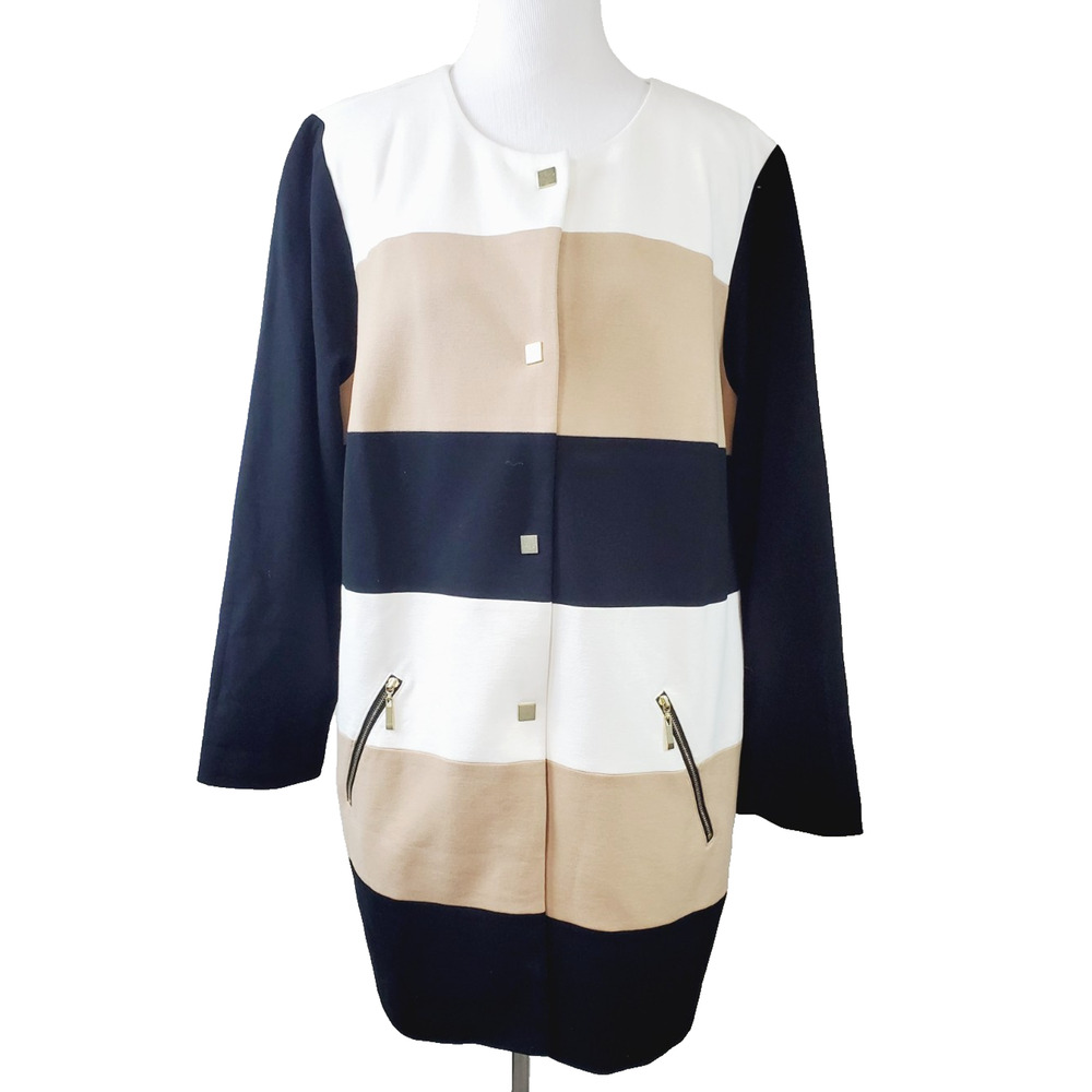 Chico's Womens 3 Trench‎ Coat Jacket Colorblock XL GOLD Accents Pockets Ponte